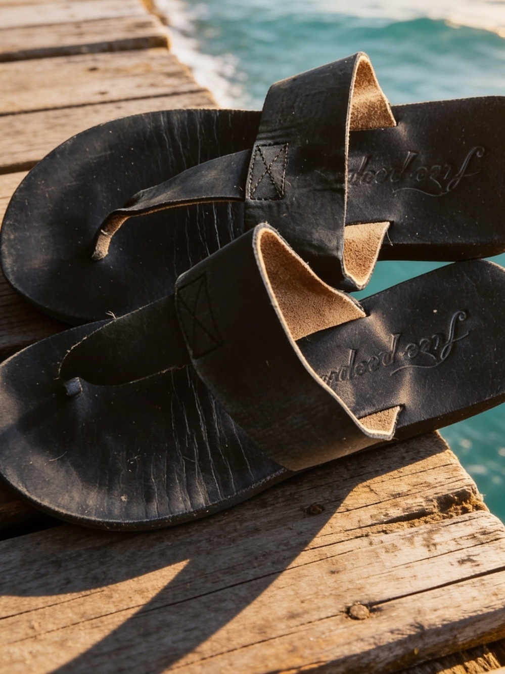 Free People Black Leather Women's Slide Sandals with Toe-Post